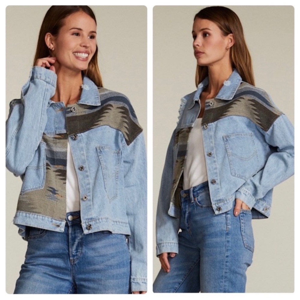 New Aztec Print Contrast Distressed Denim Jacket